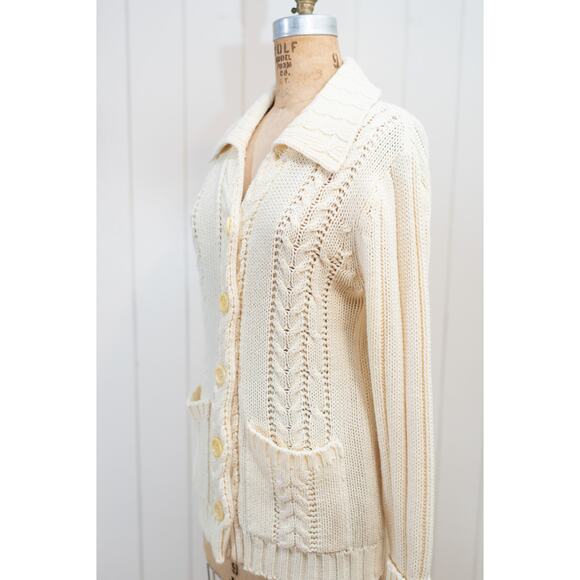 Vintage Cream Cable Knit Fisherman Sweater, Cottage Acrylic Cardigan, Pockets, M - Picture 9 of 11
